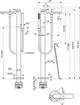 Freistehender Armaturenturm mit Handbrause und schlankem Design, montiert auf einem Stabilisierungssockel. Ideal Standard. Technische Zeichnung mit Maßen und Details.
